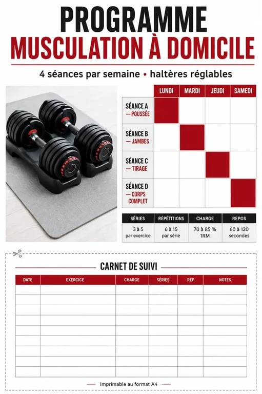 Programme musculation haltère pdf : planning hebdomadaire 4 séances à domicile et carnet de suivi