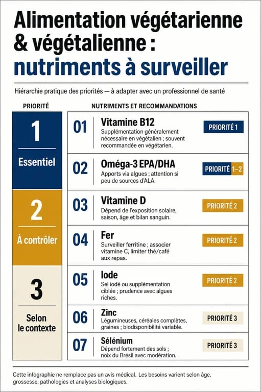 Infographie sur le complément alimentaire végétarien et les nutriments à surveiller