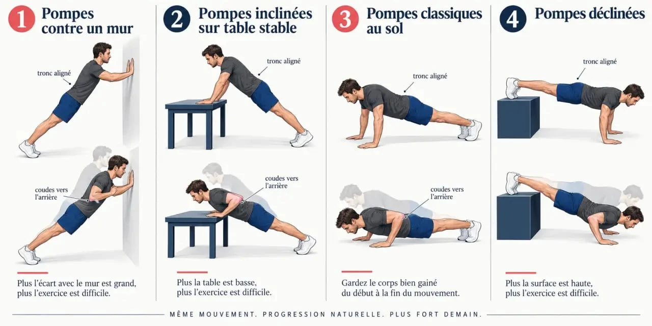 Progression d'exercices pectoraux maison du niveau débutant aux pompes déclinées
