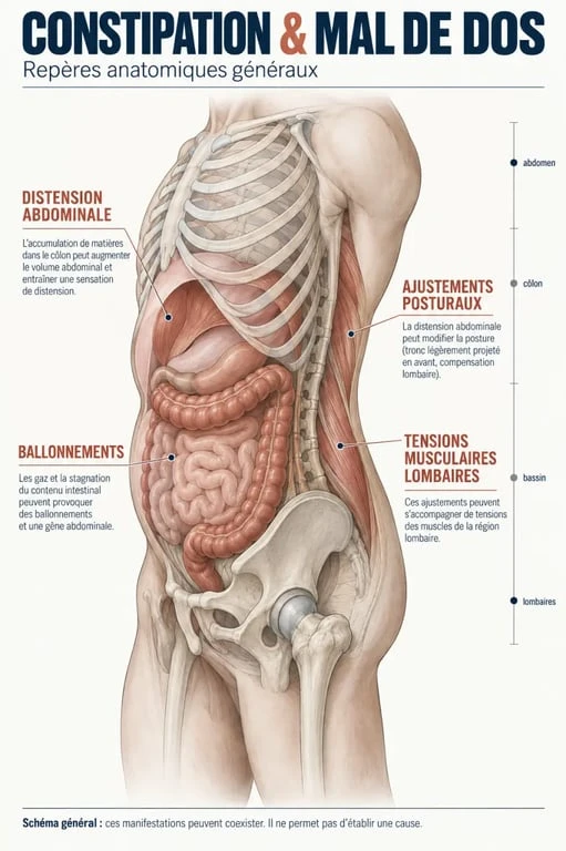 Schéma explicatif du lien possible entre constipation et mal de dos au niveau de l’abdomen, du bassin et des lombaires