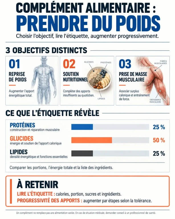 Infographie sur le complément alimentaire prise de poids, les objectifs et les nutriments à vérifier