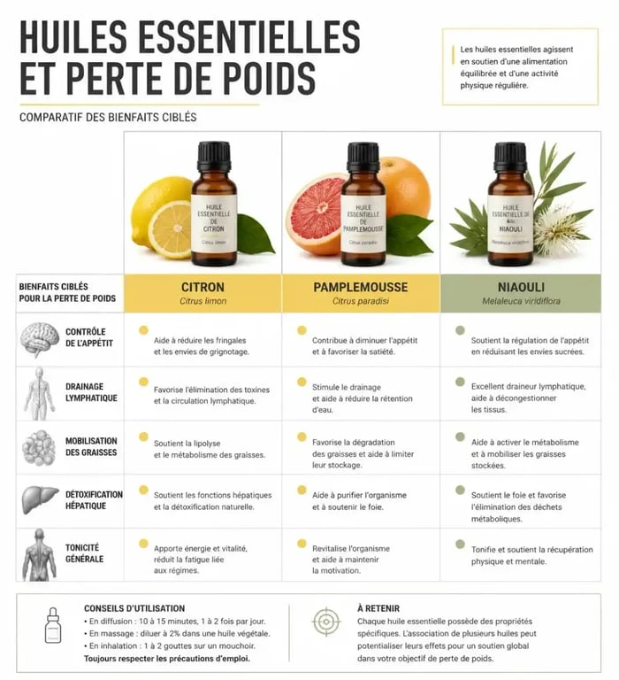 Tableau comparatif des huiles essentielles pour la perte de poids et leurs bienfaits