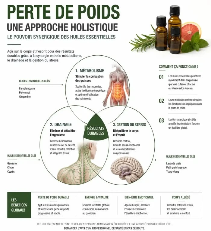 Infographie sur le rôle des huiles essentielles dans la perte de poids et le métabolisme
