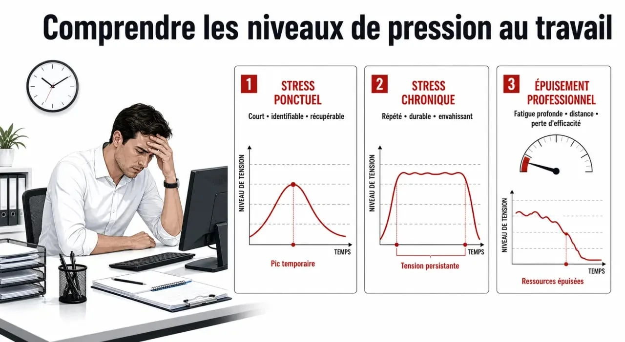 Gestion du stress au travail : comparaison visuelle entre stress ponctuel, stress chronique et épuisement professionnel