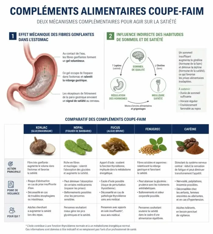Infographie sur le complément alimentaire coupe-faim et les mécanismes du konjac, du nopal, du fucus et de la caféine