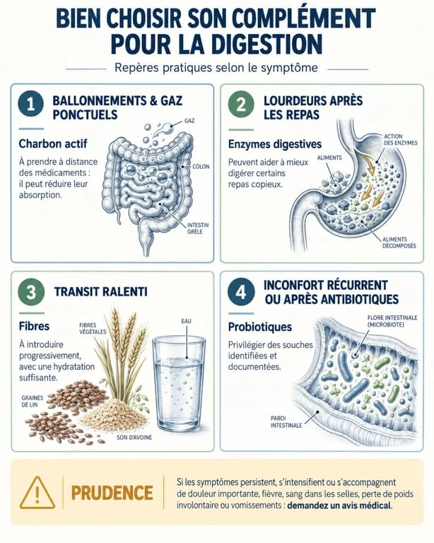 Infographie pour choisir un complément alimentaire digestion selon les symptômes et les précautions