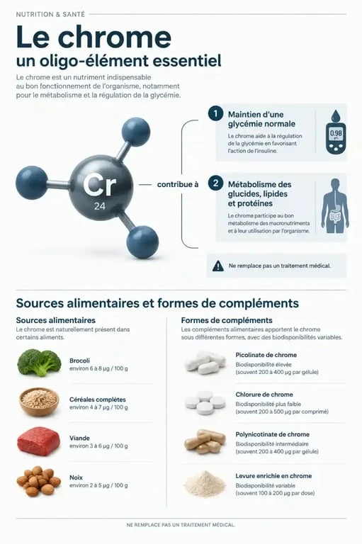 Infographie sur le chrome complément alimentaire, ses rôles métaboliques et ses principales formes