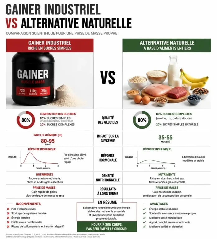 Infographie comparative sur les dangers des gainers et les alternatives naturelles pour la prise de masse