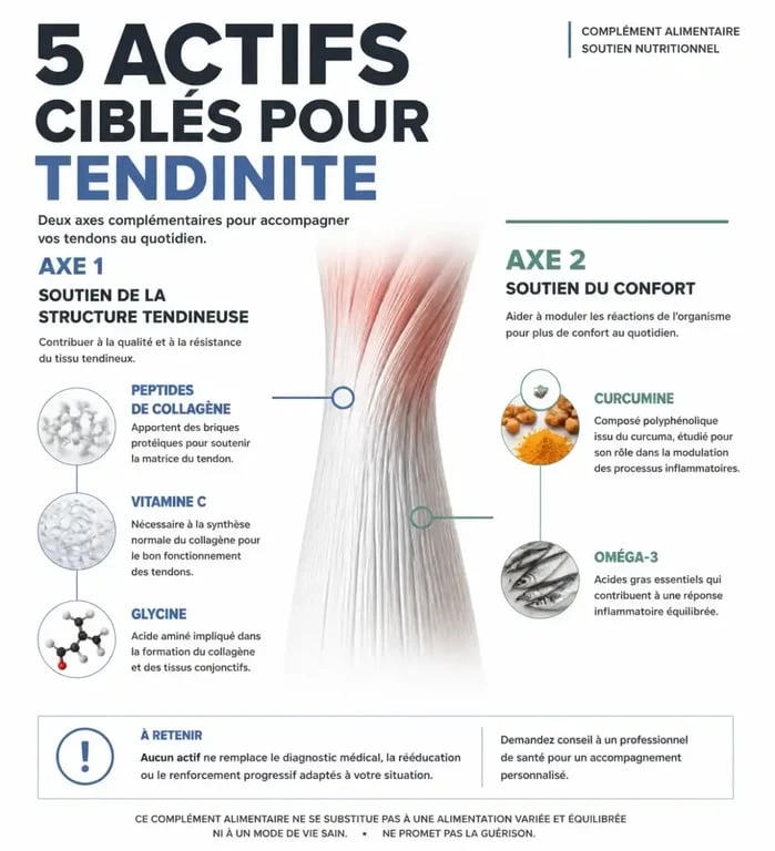 Complément alimentaire tendinite : rôles comparés du collagène, de la vitamine C, de la curcumine, des oméga-3 et de la glycine