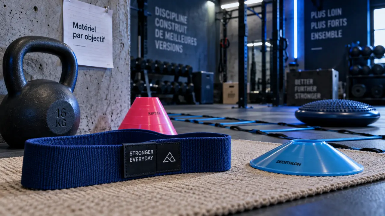 Matériel préparation physique en salle : bande élastique, kettlebell et accessoires