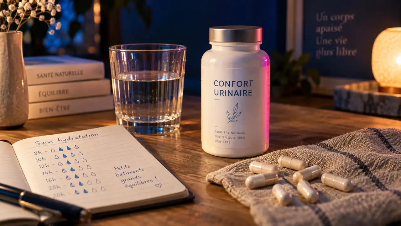 Complément alimentaire confort urinaire : gélules et eau, confort urinaire