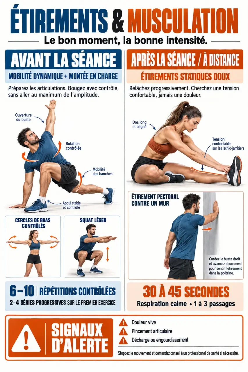 Infographie sur les étirements musculation avant et après l’entraînement