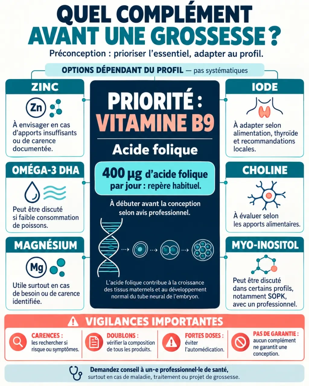 Infographie sur le complément alimentaire pour tomber enceinte et les ingrédients clés en préconception