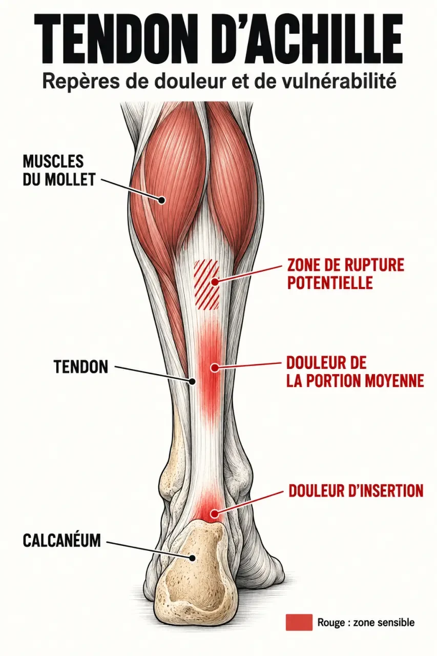 Schéma anatomique expliquant les douleurs au tendon d’Achille et leurs principales localisations