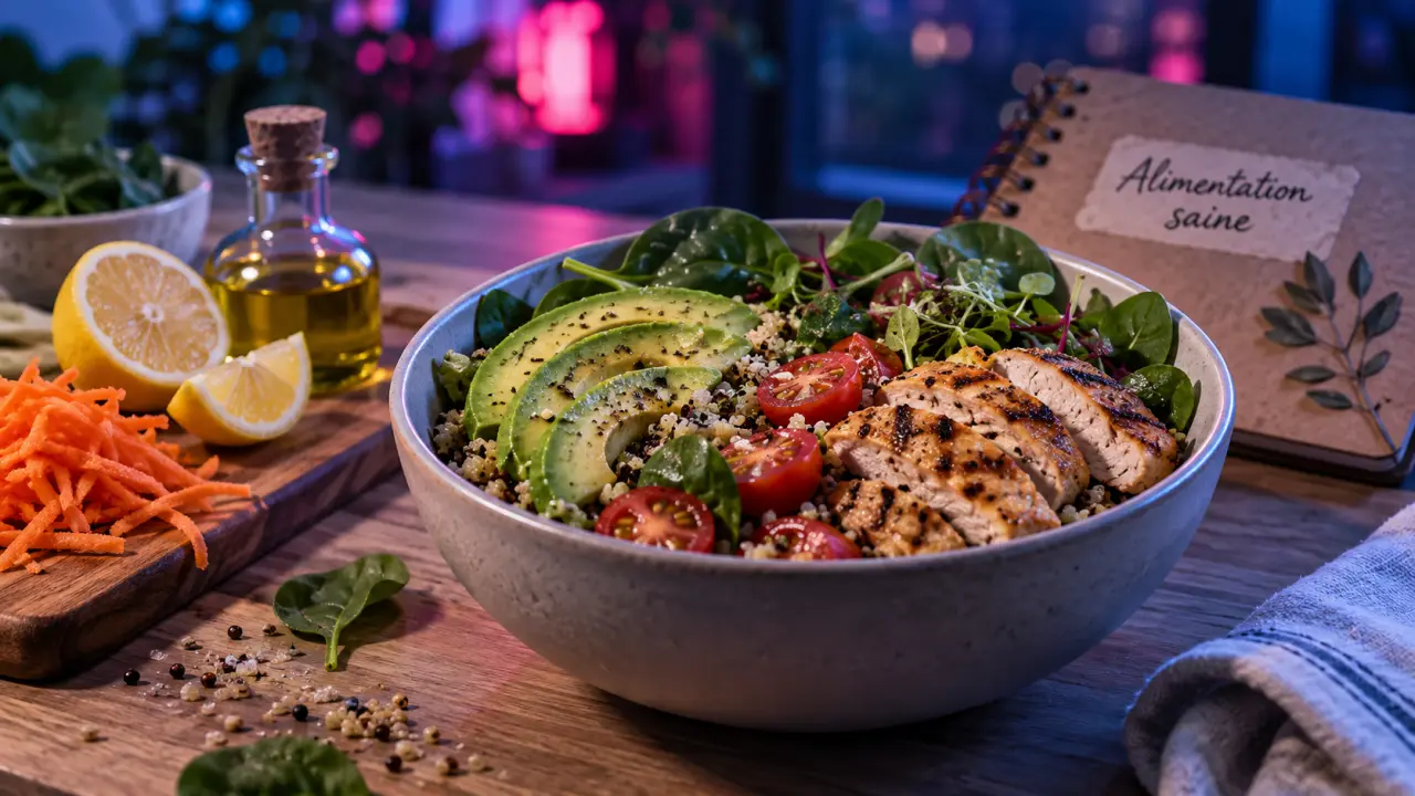 Nourriture healthy : bowl quinoa poulet, avocat et légumes